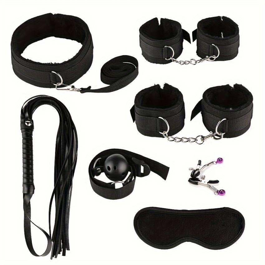 7pcs BDSM Bondage Couple Sex Handcuff Mouth Gag Nipple Clamp Whip Sexy Nylon Plush Adult Products Alternative Bundled Couple Flirting Adult Supplies - Image 11