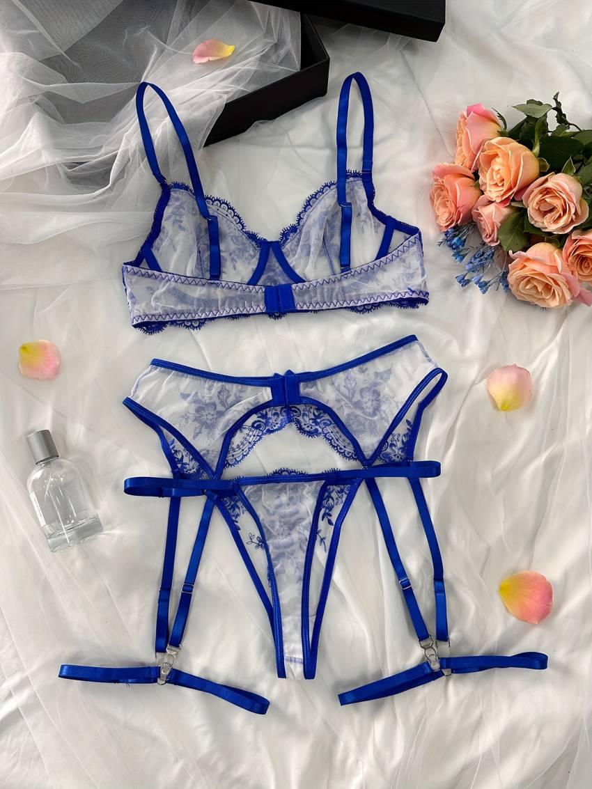 Exquisite Floral Embroidery Lingerie Set - Semi-Sheer, Bow-Adorned, Bra, Thong, and Garter Belt - Women's Sexy Intimates for a Sultry Night In - Image 9