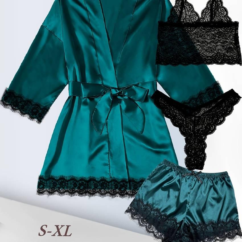 Luxurious Floral Lace Satin Lounge Set - Soft & Stylish Robe with Belt, V-Neck Cami, Thongs & Shorts - Womens Comfy Sleepwear for Chic Nighttime Glamour - Image 61