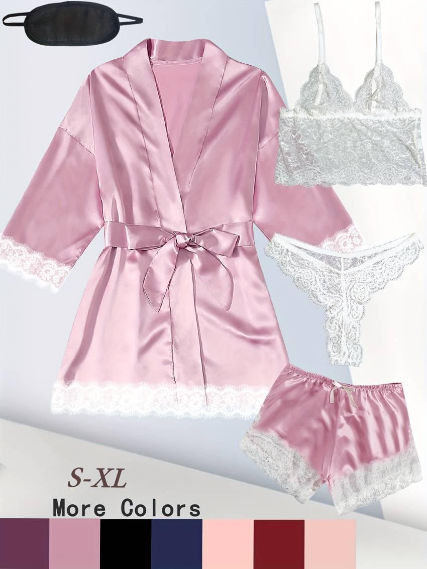 Luxurious Floral Lace Satin Lounge Set - Soft & Stylish Robe with Belt, V-Neck Cami, Thongs & Shorts - Womens Comfy Sleepwear for Chic Nighttime Glamour - Image 19