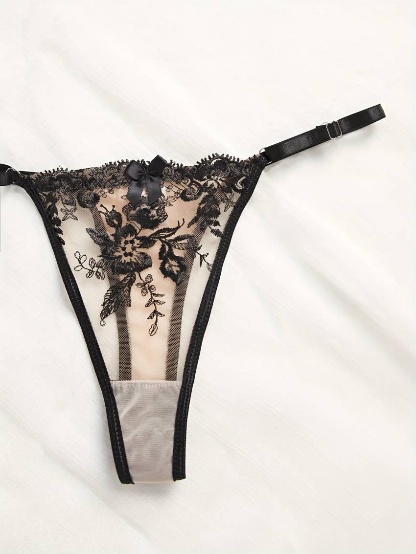 Exquisite Floral Embroidery Lingerie Set - Semi-Sheer, Bow-Adorned, Bra, Thong, and Garter Belt - Women's Sexy Intimates for a Sultry Night In - Image 6